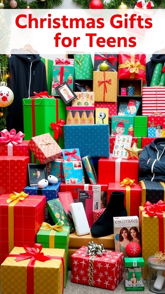 Top Christmas Gift Ideas for Teens A variety of Christmas gifts for teens including gadgets, clothing, and accessories, arranged in a festive setting.